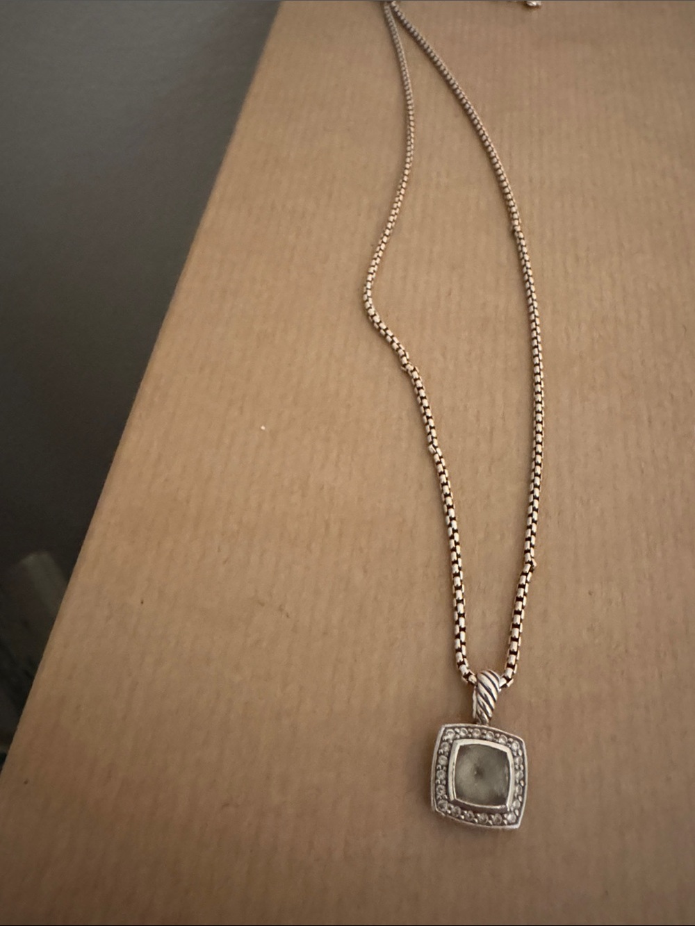 David Yurman Silver-Tone Square Pendant Necklace with Clear Center